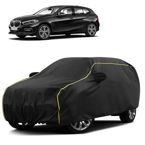 Image of Sulfar 100% Water Resistant Car Body Cover Compatible with Mirror for BMW 1 Series (Triple Stitched, Full Bottom Elastic, Black Taffeta with Yellow Piping)