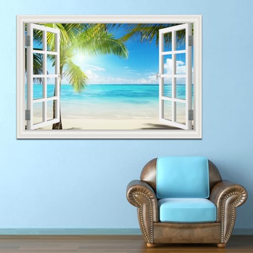 Beautiful White Beach Sunshine Through Coconut Tree 3D Window View Wall Sticker Blue Ocean Sea Theme Tropical Island Wall Decor Decals for Bedroom Apartment Living Room Wall Mural Wallpaper - 20"x28" — view 3