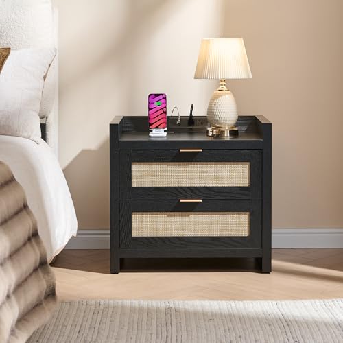 Image of SICOTAS Night Stand Bedside Table - Rattan Nightstand End Table with Type-C Charging Station, 2 Drawers Storage Boho Night Stands for Bedroom - Black Oak