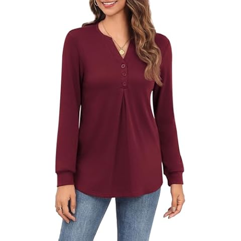 Askyes Women’s Tops Blouses Pleated Button Down Shirts for Women Fashion Clothes Cute Tops,Wine Red,XL Cover