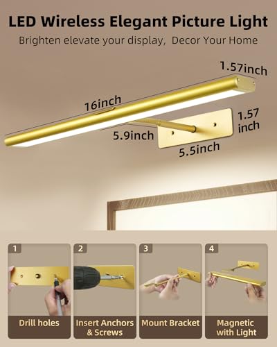 EZVALO Picture Light for Wall, 4800mAh Rechargeable Wireless Lights, 16'' Dimmable IR Remote Magnetic LED Art Painting Light with 3 Color Temps, Display for Gallery, Living Room, Bedroom(Gold)
