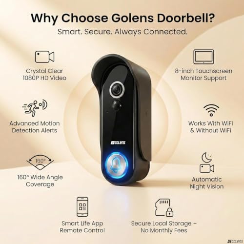 Image of Golens Premium Video Doorbell Camera for Homes & Villas, 8 inch Touchscreen Monitor, 1080P HD Smart Video Doorbell, 300m Wireless Range, Works Without Internet, 5000mAh Battery, WiFi App Control DB01