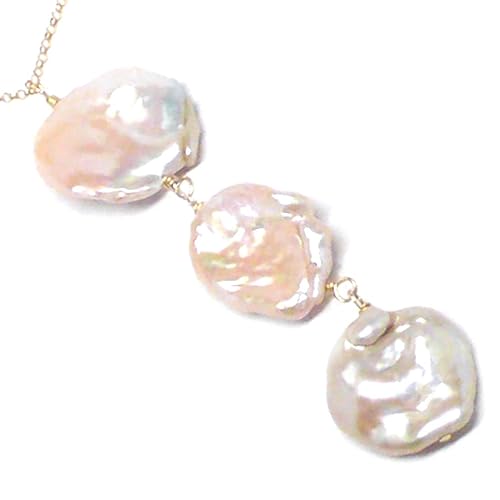 Large Champagne Baroque Petal Cultured Freshwater Pearl Three Dangles Chain Necklace Gold-Filled 24 Inches