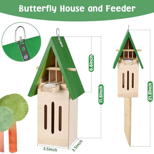 Antiai Butterfly House and Feeder for Outdoor Garden, Wooden Butterfly Habitat with Wood Stake, Natural Butterfly Puddler, Hang on Wall or Tree, Patio Decor