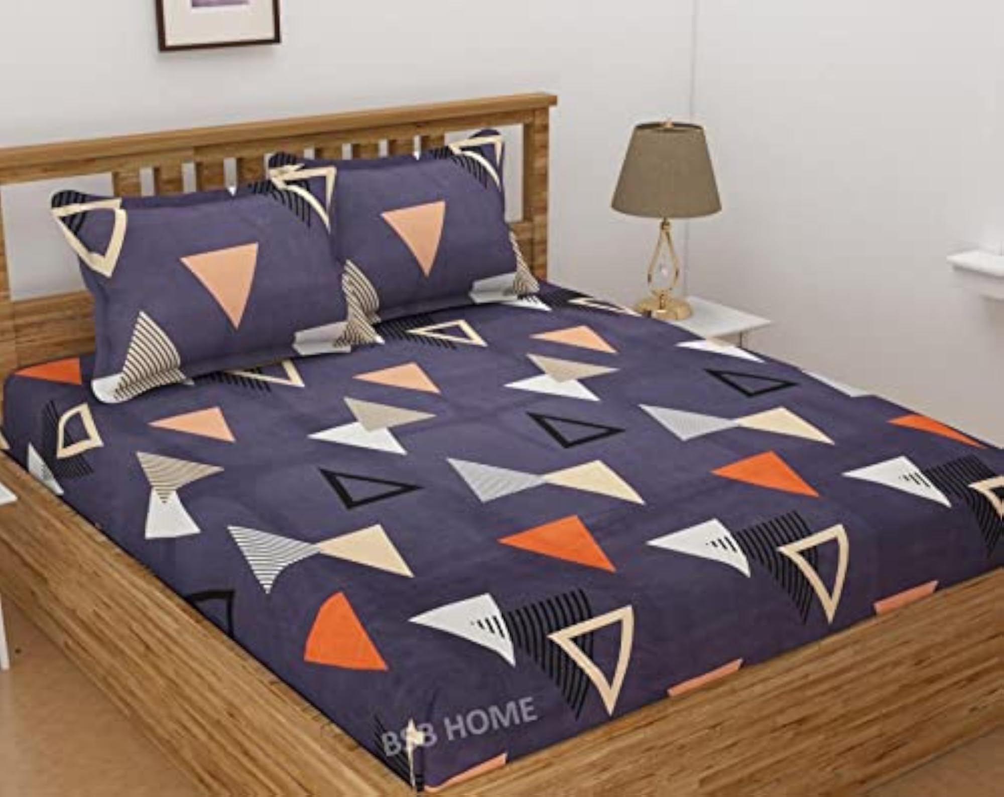 Glace Cotton Striped Printed Double Bedsheets with 2 King Size Pillow Covers, Blue, White & Orange