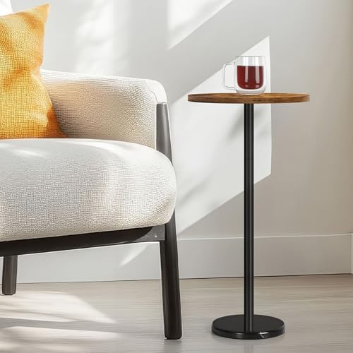 OYEAL Drink Side Table Small Round Cocktail Table for Patio Outdoor Pedestal Side Table Coffee Table with Black Marble Base for Sofa Couch, Rustic Brown & Black