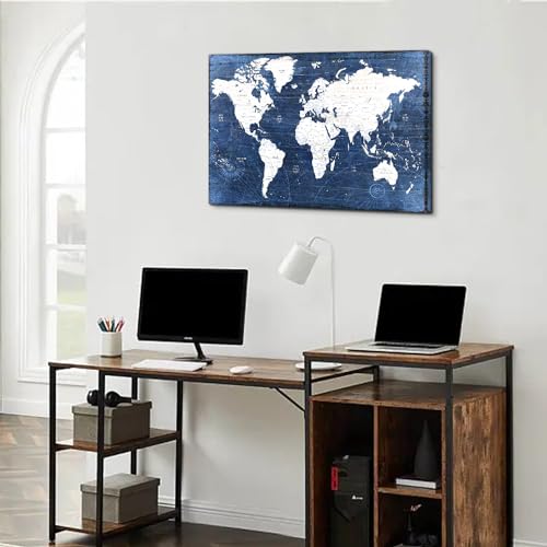 Image of World Map Canvas Wall Art Office Wall Decor Modern Vintage Maps Picture Prints for Living Room Bedroom Navy Blue Retro Map of the World Painting Poster Artwork Framed Home Decorations 16x24 inch Gifts