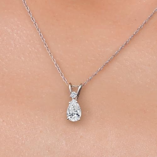 Gem Stone King 14K White Gold Gemstone Birthstone and White Lab Grown Diamond Pendant Necklace | Gold Necklace for Women | Pear Shape 7X5MM and Round 2MM | 18 Inch Gold Chain3