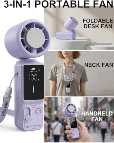 Image of SEVENAIRE SS39 Portable Hand Fan Rechargeable - with Ice Touch Cooling | Upto 12 Hr battery| 16000 RPM | 100-Speed, Digital display | Foldable | 3-in-1 Turbo Fan for summer for Indoor /Outdoor (Purple)
