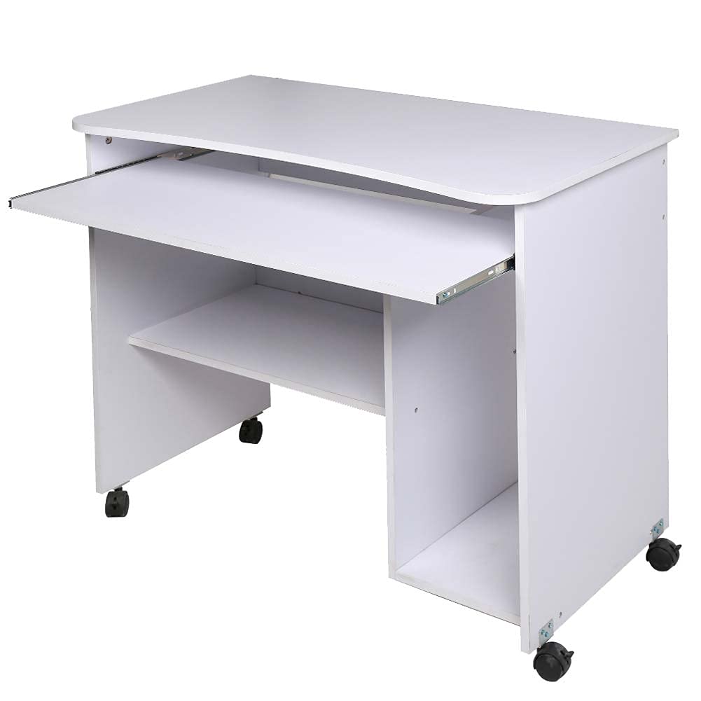 BAKAJI Scrivania con Portatastiera Estraibile Ripiano Inferiore e Vano Pora Computer Tavolo da Lavoro Porta Pc in Legno MDF con 4 Ruote Arredamento Casa Ufficio Cameretta Moderna (Bianco)