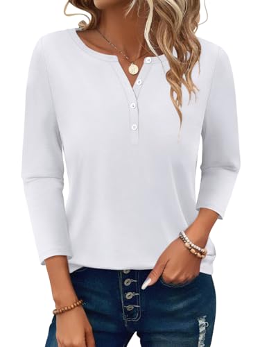 PGANDS Women's 3/4 Length Sleeve T Shirts Button Down Scoop Neck Casual Tops White