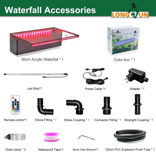 Longrun Waterfall Pool Fountain, Pond Waterfall Cascade 30cm, Acrylic Steel Waterfall Spillway Blade with 7 Colors LED Light, Complete Waterfall & Stream Kits for Outdoor Garden Pool Water Features