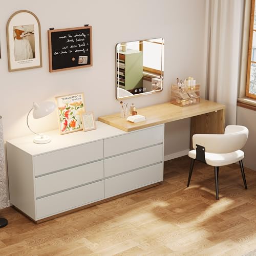 gaoyangjiaju Wooden Mid-Century Modern Vanity Desk, 56”-98.5” Width Extendable L-Shaped Makeup...
