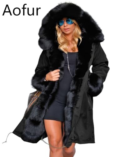Aofur Womens Hooded Fur Lined Warm Coats Down Parkas Anoraks Outwear Winter Long Jackets (Medium, Black_Black Fur)