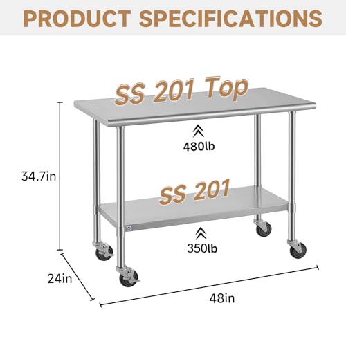 Image of ROCKPOINT All Stainless Steel Prep Table with Caster 24x48 Inch, Commercial Heavy Duty Workbench with Stainless Legs & Adjustable Undershelf, 830 lb Capacity for Outdoor Kitchens with Wheel