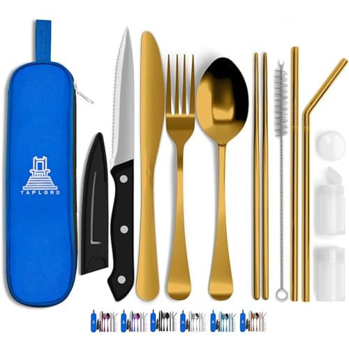 Travel Utensils With Case, 10 Pcs portable silverware set (Gold)