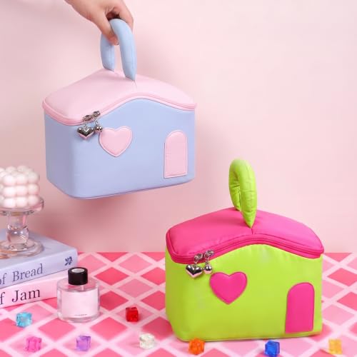 Image of House of Quirk Large Capacity Makeup Bag for Women, Portable Cosmetic Organizer, Water-Resistant Travel Toiletry Bag with Handle, Cute Heart Design, Zipper Vanity Storage Case (Blue /Pink)