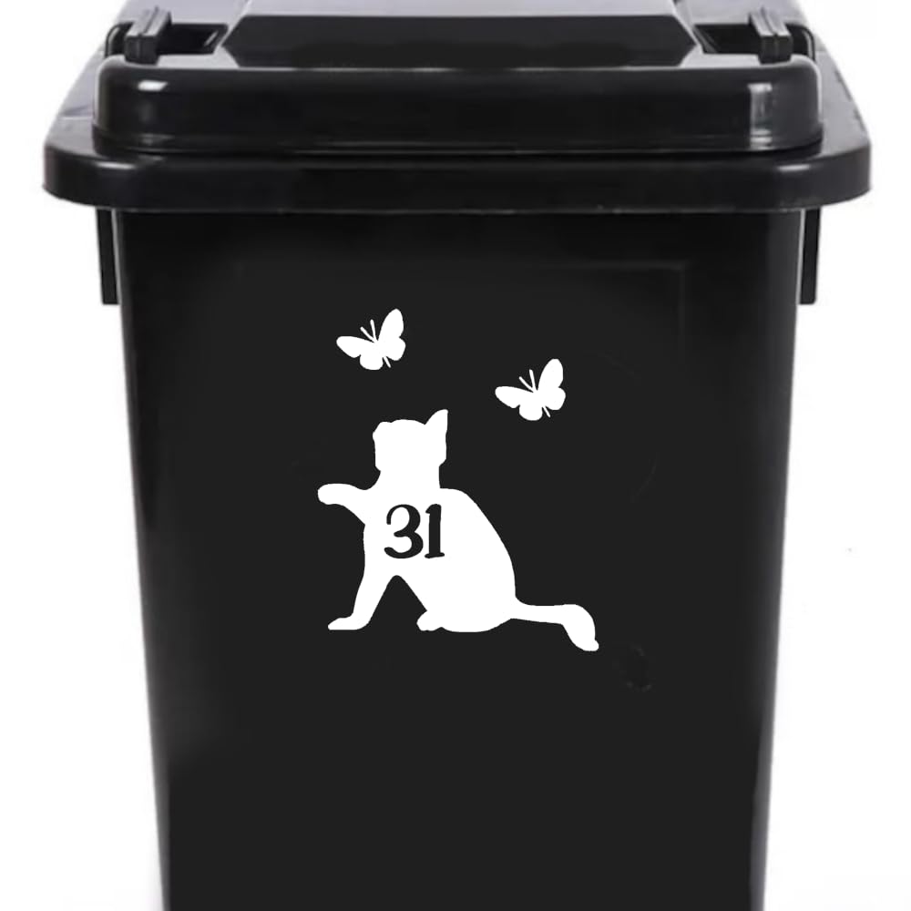 Cute Cat Chasing Butterflies Waterproof Wheelie Bin Stickers - Vinyl Material - Gifts for Cat Lovers - Bin Stickers for Wheelie Bins - Stick on Numbers - Bin Labels (31) — image 1