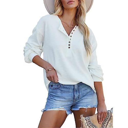 Topstype Henley Long Sleeve Women Oversized T Shirts Loose Fit Tunic Tops to Wear with Leggings Small White