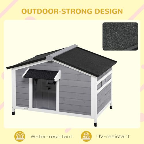PawHut Dog House Outdoor, Wooden Cabin Style Raised Dog Kennel Shelter with Openable Roof, Removable Bottom, Windows, Curtain, Foot Covers, for Small and Medium Dogs, Gray - Image 6
