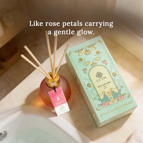 Image of Ekam Frosted Glass 60ml Rose Reed Diffuser Set | Free 6 Fiber Reed Sticks | Stress Relief & Aromatherapy | Long-Lasting Home Fragrance (Up to 60 Days) | Air Freshener for Room, Bedroom & Bathroom