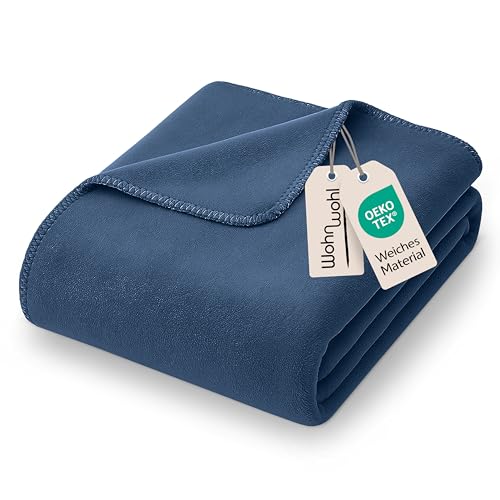 WOHNWOHL® Kuscheldecke (150x200cm) • Weiche Tagesdecke • Sofadecke • Wohndecke • Schlafdecke • Oeko-Tex zertifizierte Baumwolldecke • Samtig weiche Decke • Farbe: Kobalt