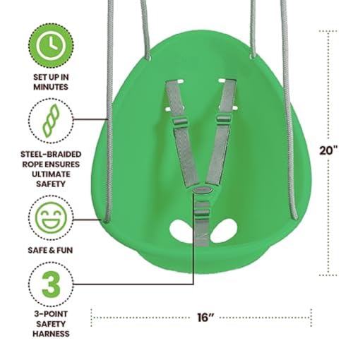 Swurfer Coconut Toddler Swing – Comfy Baby Swing Outdoor, 3-Point Adjustable Safety Harness, Secure, Safe Quick Click Locking System, Blister-Free Rope, Ages 9 Mos and Up, Green