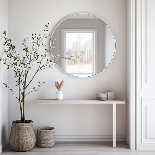 Image of Oruii White Round Mirror, White Round Mirror 24 inch, Circle Wall Mirrors Metal Frame, Circular Mirrors for Bathroom, Wall, Living Room, Entryway, Hallway, Vanity, Rustic