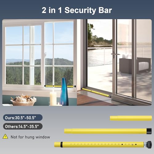 Image of Sliding Door Security Bar, 17.7-50.5inch Heavy Duty Adjustable Sliding Patio Door Lock Bar with Rubber Tips,Diameter 1inch Window Security Bar for Home Apartment Travel Children Women (Yellow)
