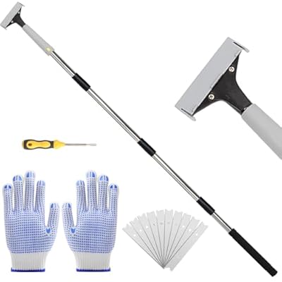 Floor Scraper, 31 to 61 Scraper Tool Long Handle with 4-inch Razor Blade Stainless Steel Material Adjustable Cleaning Glass Wall Gum Paint Tile Glue Linoleum Carpet Sturdy Durable