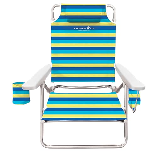 Caribbean Joe Folding Beach Chair, 5 Position Lightweight, Portable Reclining Outdoor Camping Chair with Headrest, Shoulder Strap, and Cup Holder, Bold Stripe