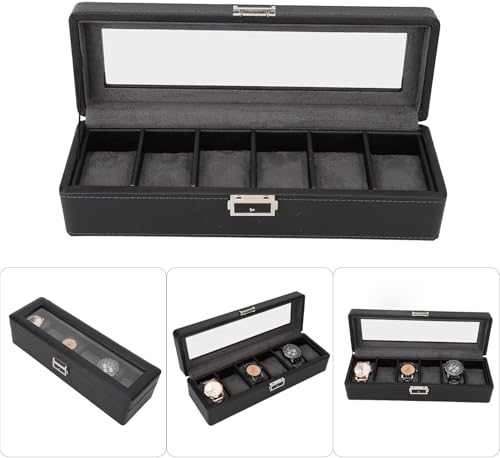 Image of House of Quirk 6 Slot Leather Watch Box Display Case Organizer Glass Jewelry Storage Watch Box 6 Compartments Glass (Black)