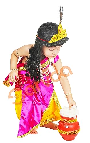 Image of Sarvda Krishna & Radha Dress for Kids - Complete Janmashtami Costume Sets with Dhoti /Lehenga, Mukut, Mor Pankh, Bansuri & Accessories | Fancy Dress for Baby Boys & Girls