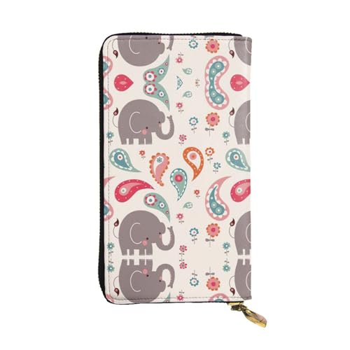 Portefeuille long en cuir noir imprimé éléphants vintage avec rangements