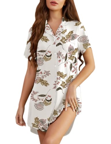 Image of Pjmlifecoco Womens Nightgowns Short Sleeves Button Down Night Shirts Soft Sleepwear Pajama Dress S-XXL