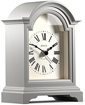 Jones Clocks® Night and Day Alarm Clock - Small Classic Design - Small Clock - Bedroom Clock - Living Room Clock - Desk Clock - Mantel Clock - Roman Numeral Dial (Overcoat Grey)