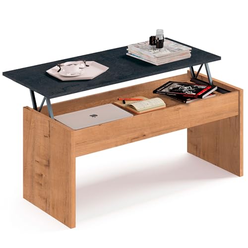 briebe Mesa Centro Elevable, Comedor, Salón, Mesita Café Baja Auxiliar para Sofá, 47x100x50cm/ 58x100x50 cm (Alto x Ancho x Profundo) Opal (Roble Gold/Imitación Mármol)