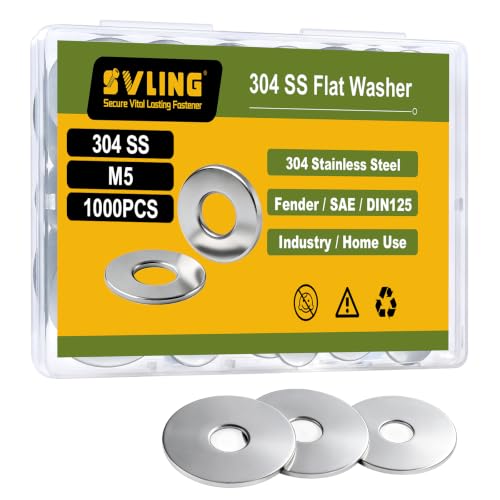 SVLING 1000PCS M5 Flat Washers, 304 Stainless Steel 18-8, 5.3mm ID x 9.64mm OD Hardware Washers for Screws Bolts by SVLING - Used condition - US$8.61