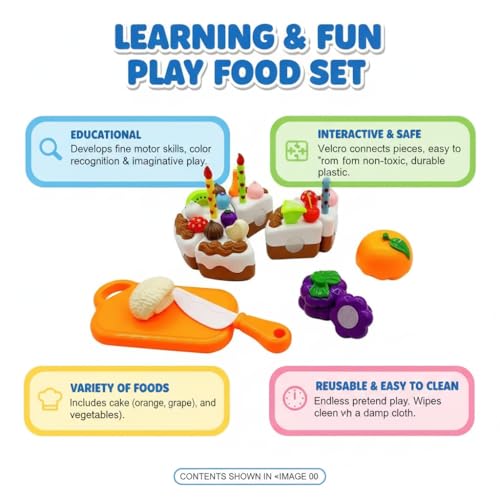 Image of PLUSPOINT DIY Chocolate Birthday Cake Cutting Toy Set for Kids, Pretend Play Kitchen Food Set with Sliceable Brown Cake & Fruit, Role Play Cooking Toys, Birthday Party Cake Model Gift for Toddler