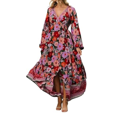 R.Vivimos Women's Boho Floral Print Maxi Dress V Neck Long Sleeve Elastic Waist Casual Flowy Slit Long Sundress (Medium, Black) Cover