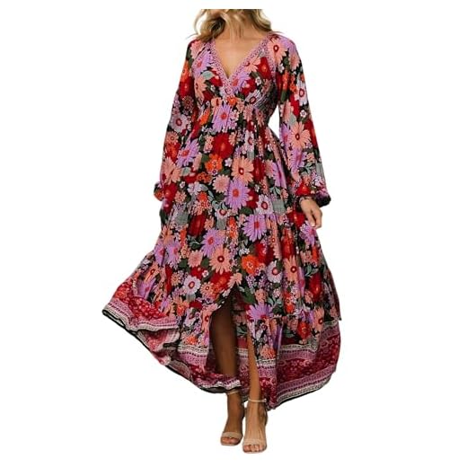 R.Vivimos Women's Boho Floral Print Maxi Dress V Neck Long Sleeve Elastic Waist Casual Flowy Slit Long Sundress (Small, Black)