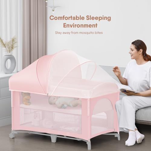 Image of Obee Odee 4 in 1 Baby Bassinet, Pack and Play, Bedside Crib Sleeper, Diaper Changer - Comes with Mattress, Mosquito Net, Bottom Storage and Toy Bar for Newborn to Toddles