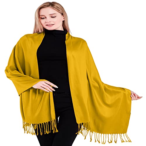 CJ Apparel Amber Yellow Solid Color Tassels Design Nepalese Shawl Seconds Scarf Wrap Stole Throw Head Wrap Pashmina Hand Made in Nepal New