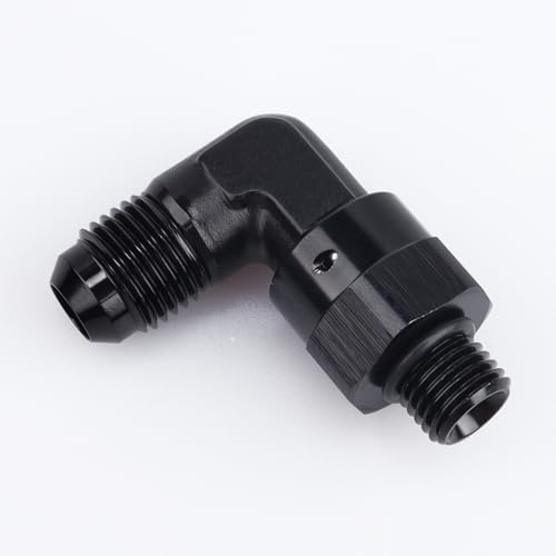 Image of AC PERFORMANCE Black Aluminum 90 Degree -6 AN Male Flare to -4 AN ORB O Ring Port Thread 7 /16 x 20 Swivel Fitting Adapter