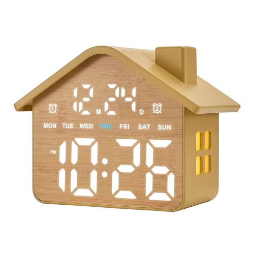 Plumeet Wooden Digital Alarm Clock, Bedroom Clock with Large Numbers, Date, Week, Dual Alarms