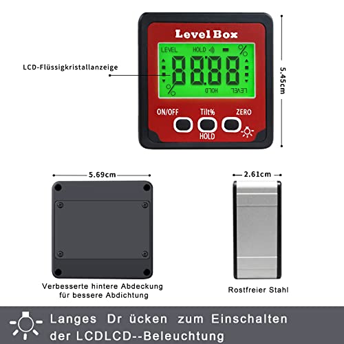 Digital LCD Winkelmesser mit Magnetfuß, IP54 Wasserdicht Neigungsmesser Bevel Box, Level Box Winkelmessgerät Inklinometer (Batterie enthalten)