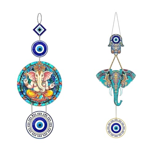 Image of Pack of 2 Owl Evil Eye Wall Hanging Decor, Colorful Wooden Nazar Protection Charm for Home, Entrance & Living Room, Vastu & Feng Shui Hanging (Multicolour) (Ganesha Mosaic & Elephant Hamsa)