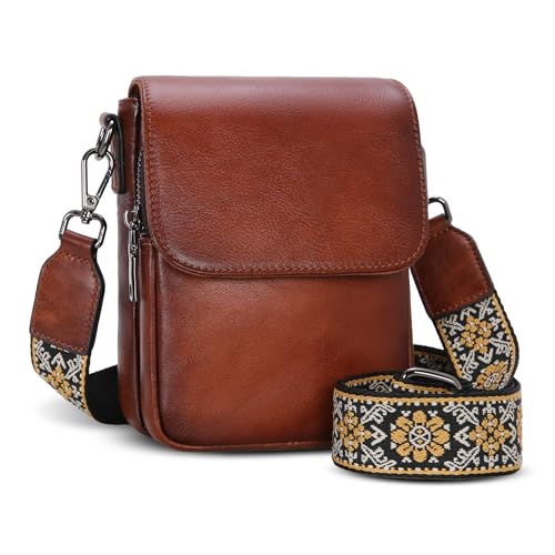 HESHE Genuine Leather Purses for Women Anti-Theft RFID Blocking Crossbody Bag Small Cell Phone Purse with Adjustable Strap (Brown)