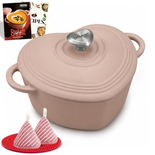Overmont Enameled Cast Iron Dutch Oven - 2QT Pink Heart-Shaped Mini Pot