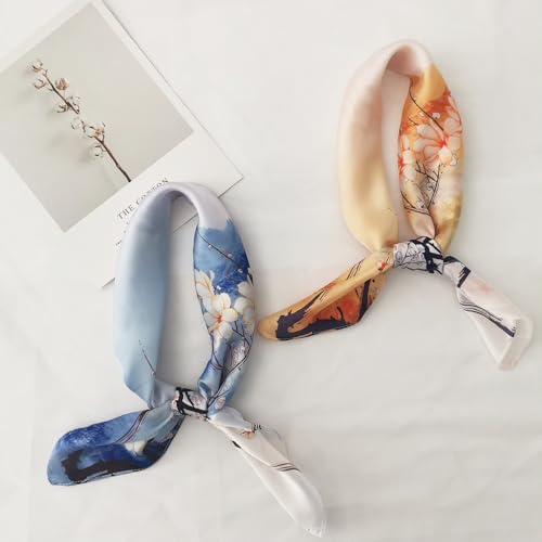 Julunar 2 PCS Silk Scarf for Women Lightweight Satin Hair Bandana 21" Square Neckerchief with Gift Packed4